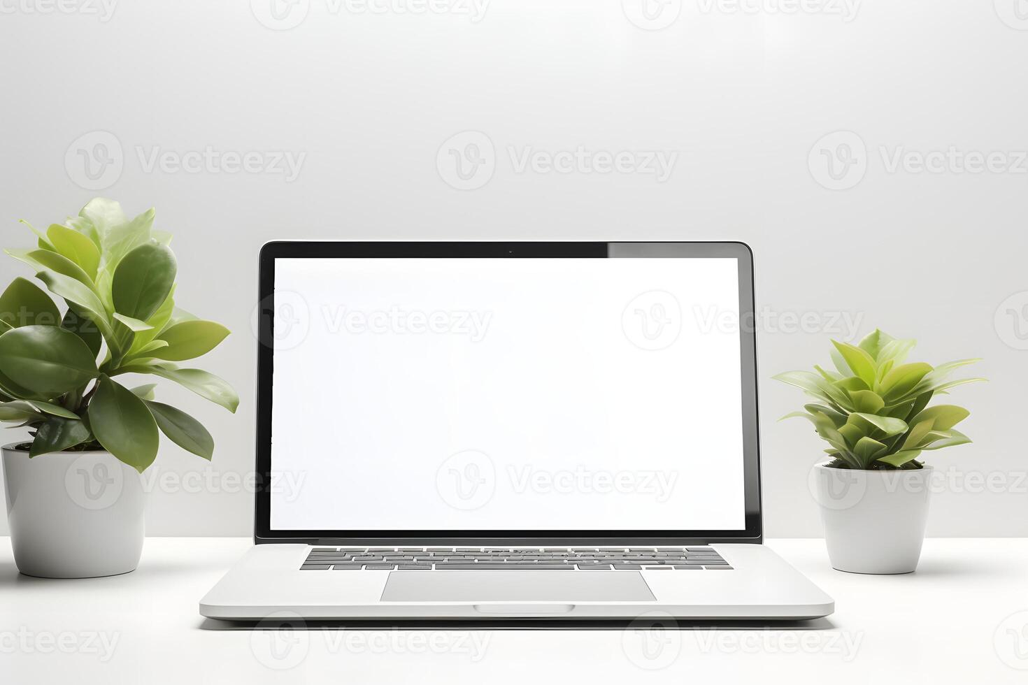 Laptop white blank screen mockup on the table on a white background, Front view photo