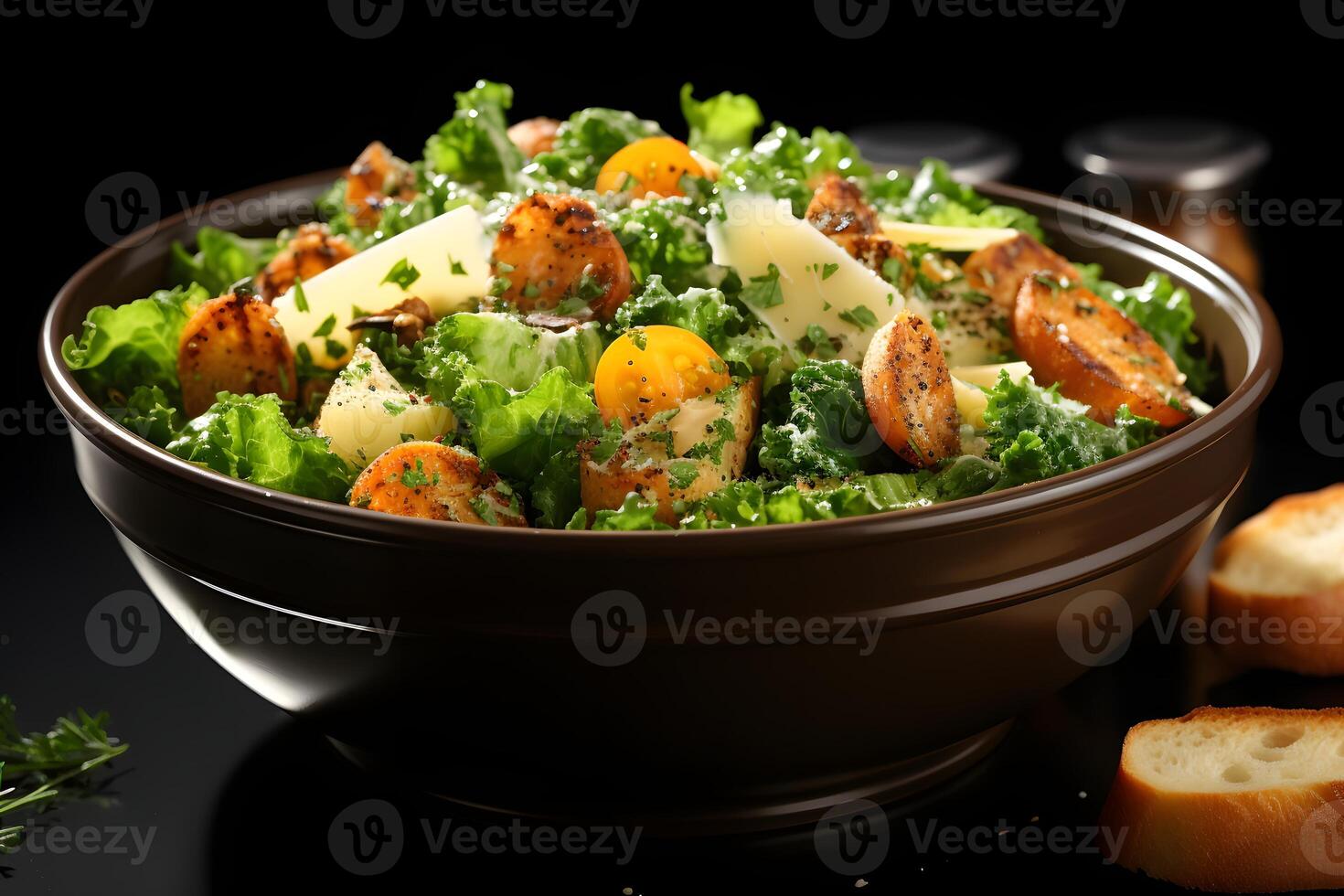 Fresh Greek salad with feta cheese, vegetables, lettuce, cherry tomatoes, olives and onion in a plate on a dark background photo