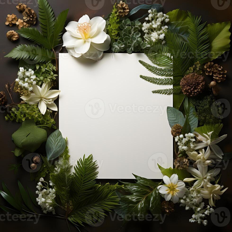 Top view of wedding mockup with white sheet of paper among the foliage and flowers photo