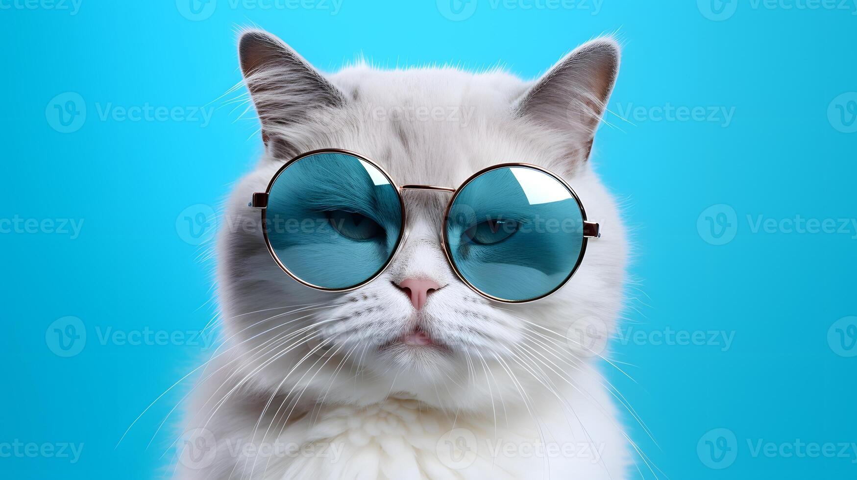 Closeup portrait of cat wearing sunglasses isolated on blue background photo