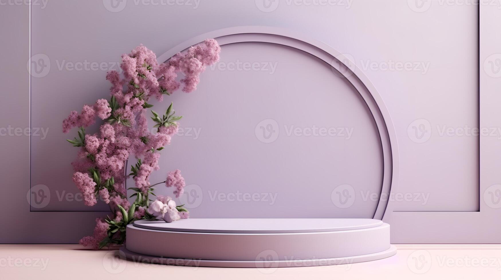 Podium display for product presentation on a lilac background with flowers. Pedestal platform mockup, stand show for cosmetic product photo