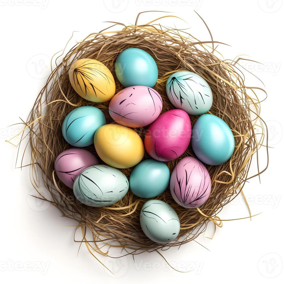vistoso Pascua de Resurrección huevos en nido desde Paja aislado en blanco fondo, parte superior ver foto