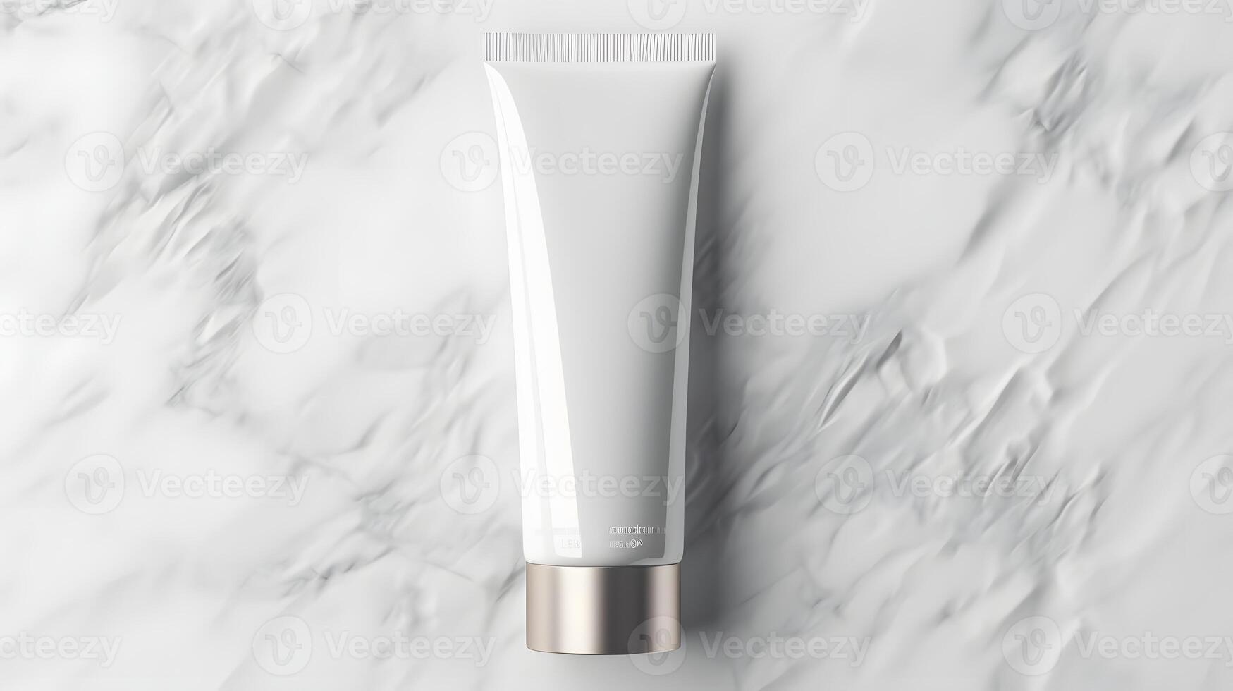 Cosmetic lotion cream tube with a flip cap mockup template. Skin care product on a light marble background, top view. Natural, organic concept. photo