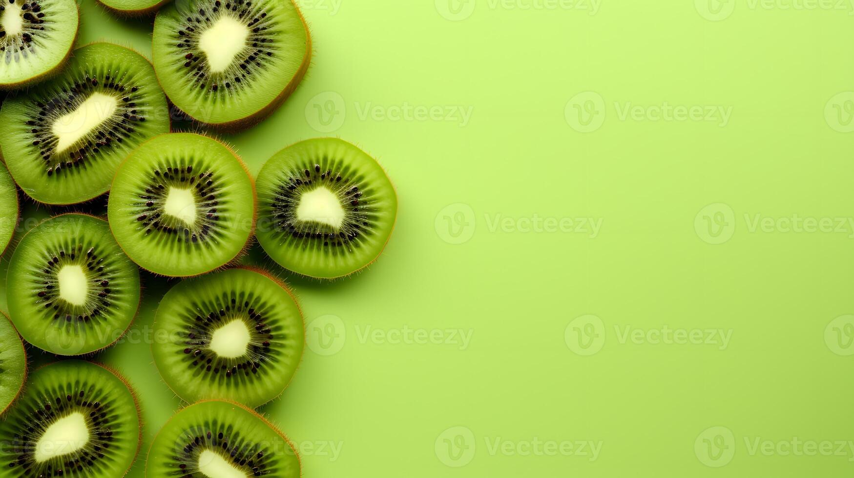 Top view of sliced kiwi on green background. Tropical fruits, food concept, copy space photo