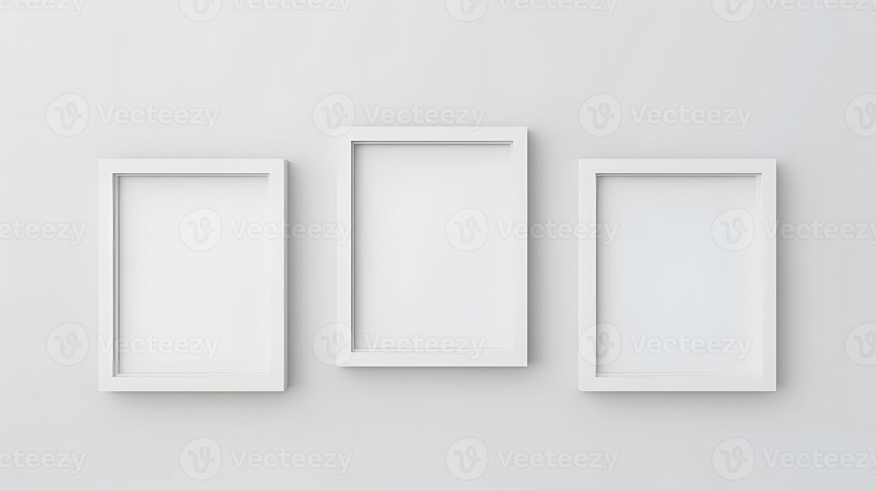 Three empty photo frame mockup on a white wall. Minimal home interior.