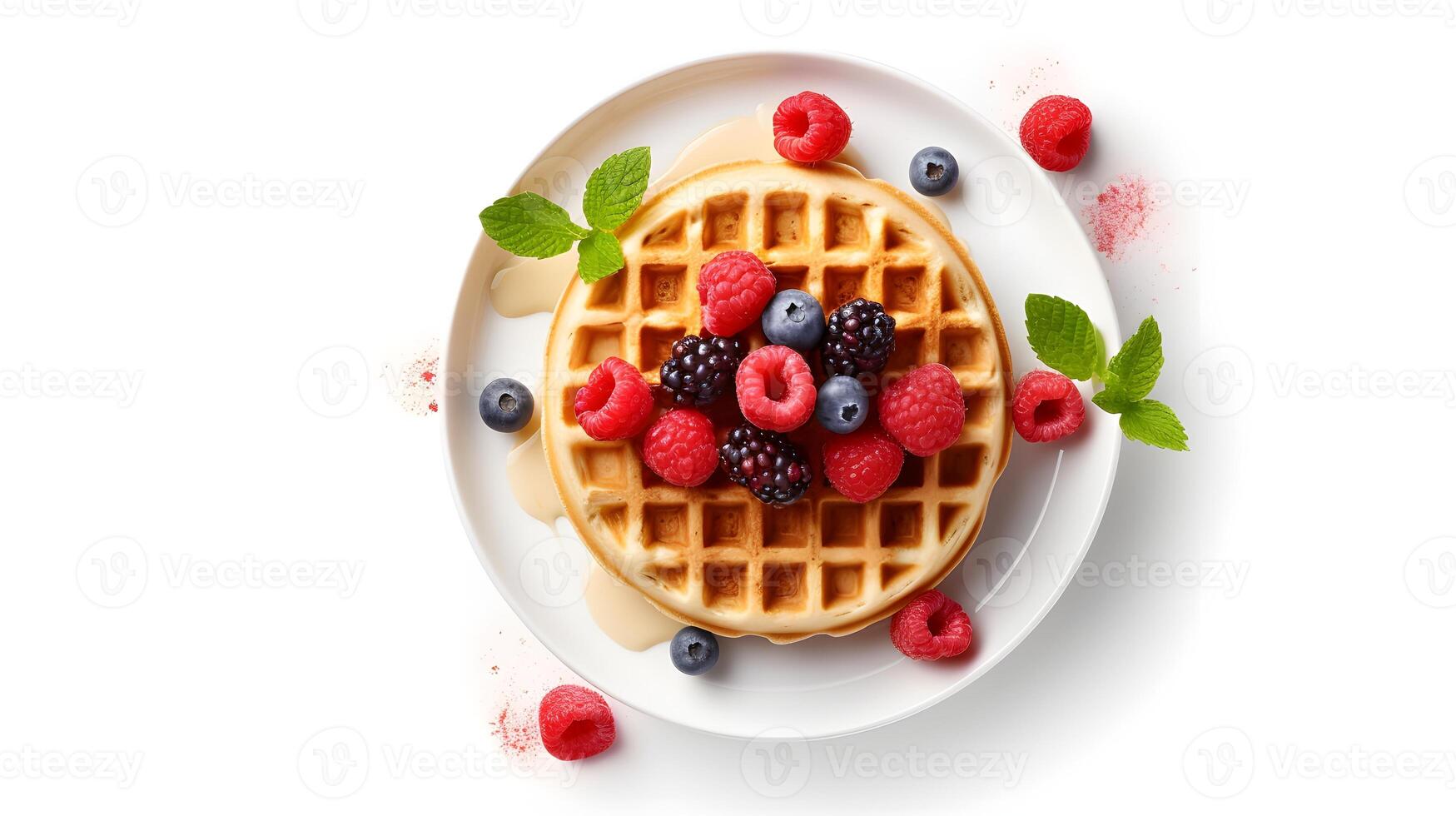 Belgium square waffles with fresh berries isolated on white background, top view photo
