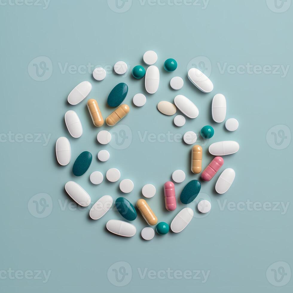 Pharmaceutical medicine pills and capsules isolated on blue background, top view. Health care and medicine concept. photo
