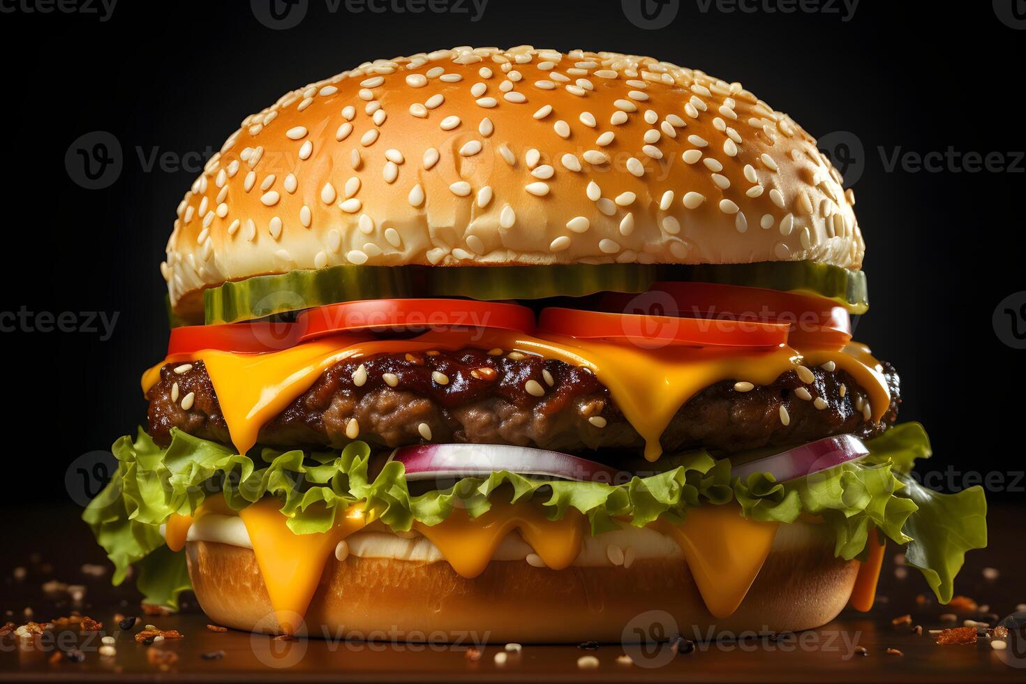 Burger, hamburger or cheeseburger on a dark background. Concept of American fast food. photo
