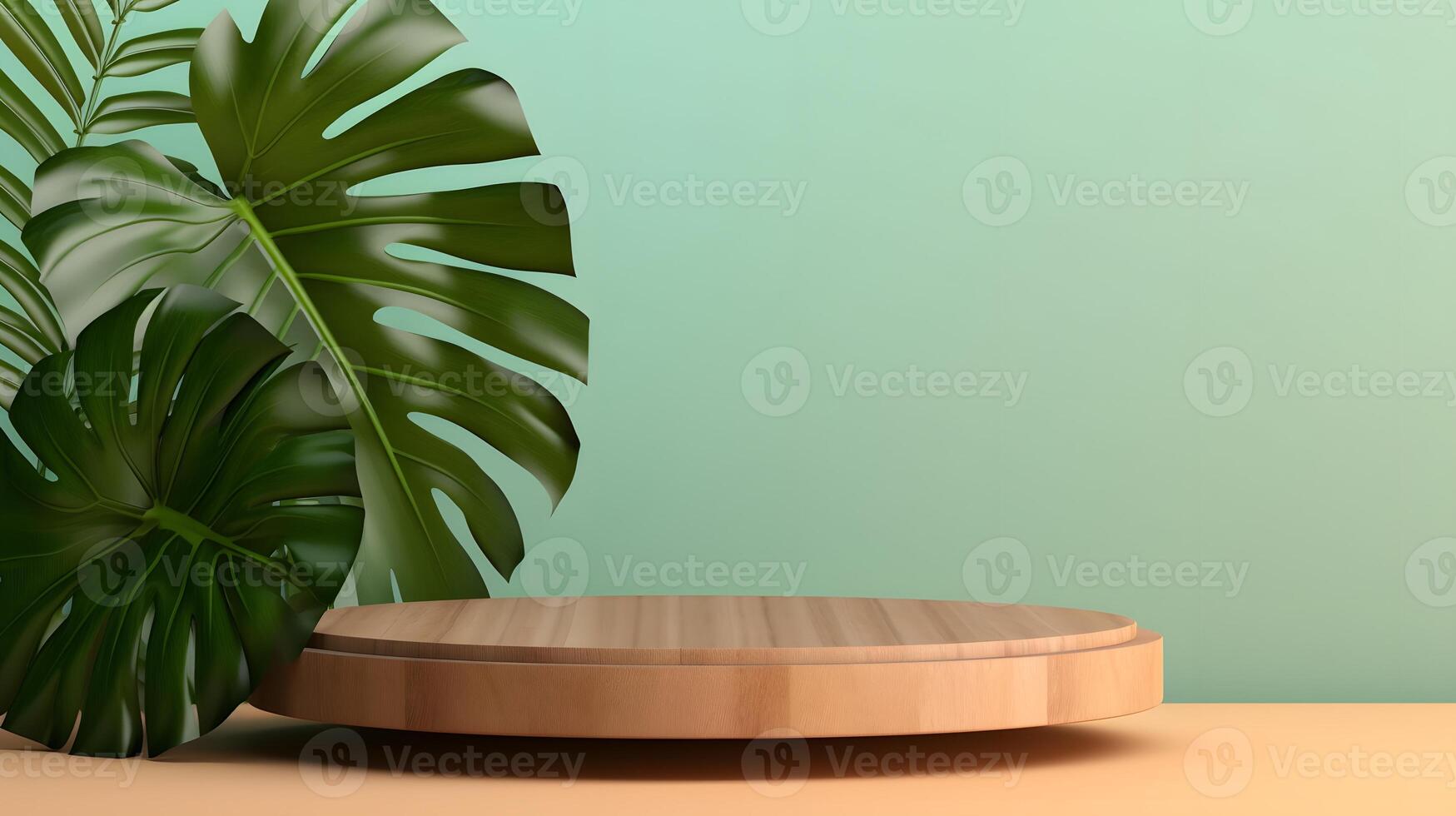 Podium display for product presentation on a green background with tropical leaves. Pedestal platform mockup, stand show for cosmetic product. photo