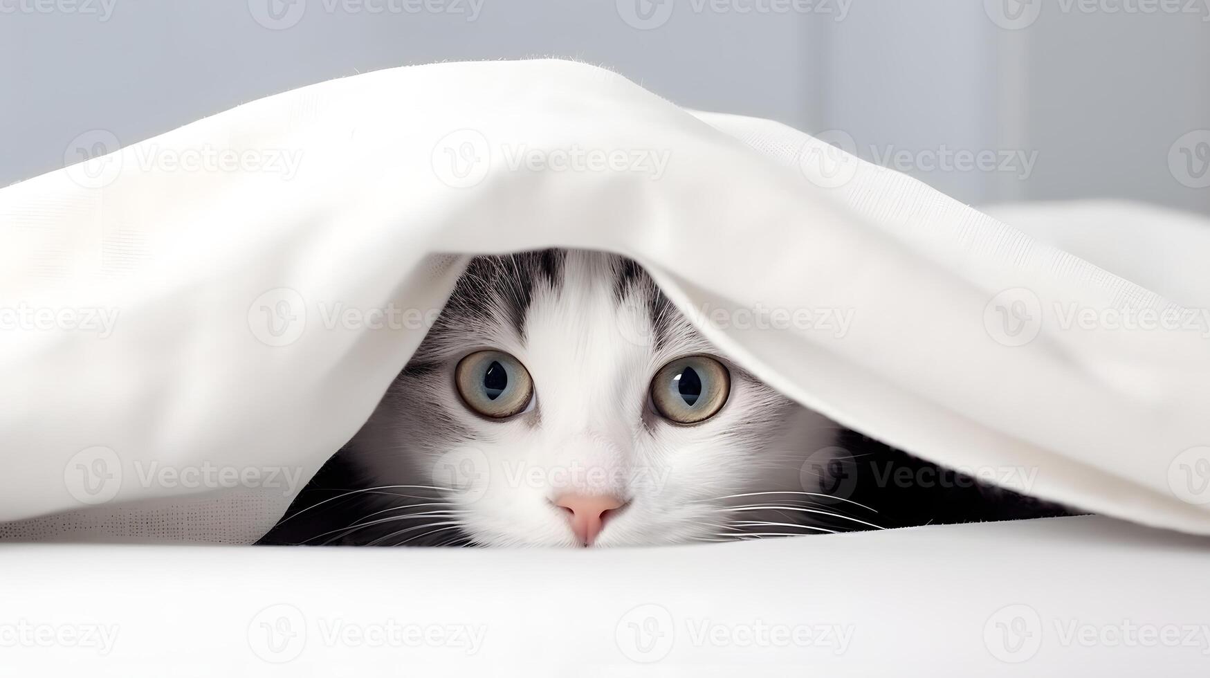 Cute cat under a blanket on a light background photo