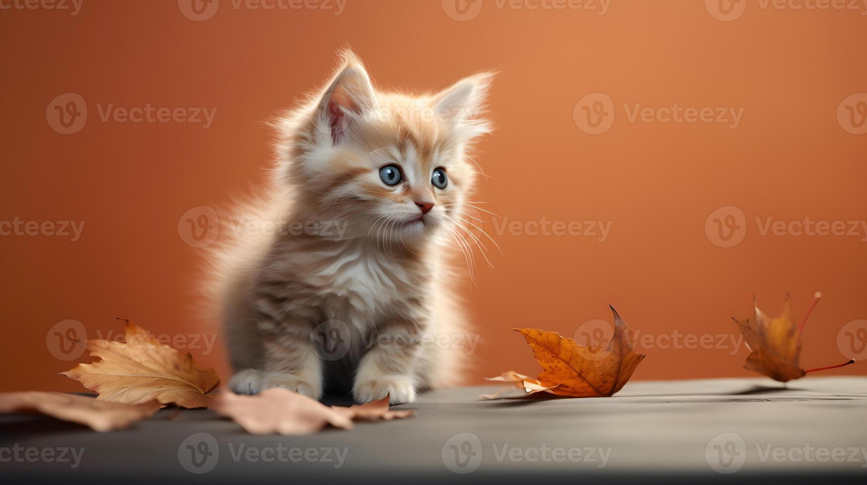 Cute cat on an orange background with autumn leaves photo