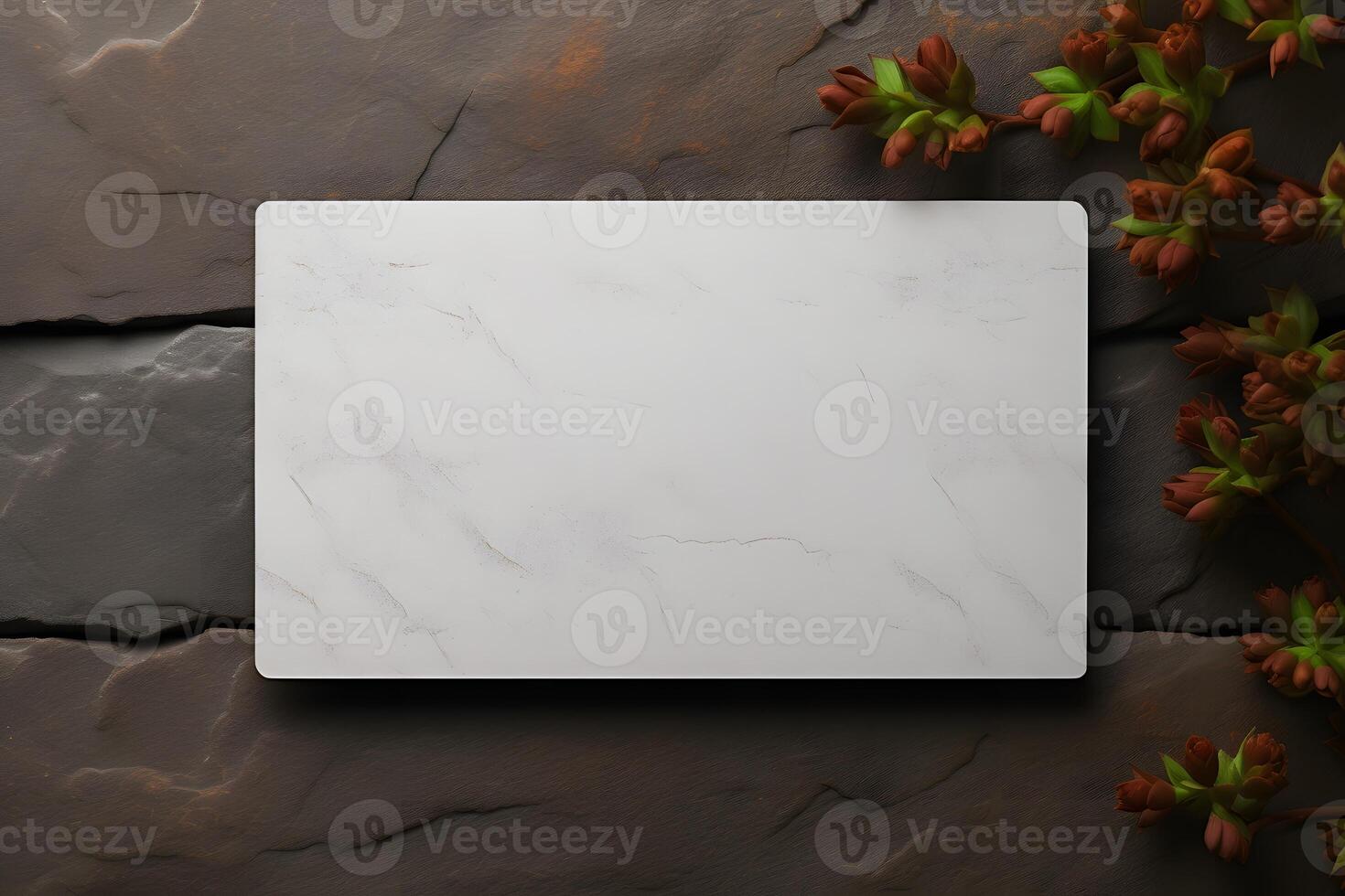 Business card mockup on a stone background, top view. White marble namecard design mock up presentation photo