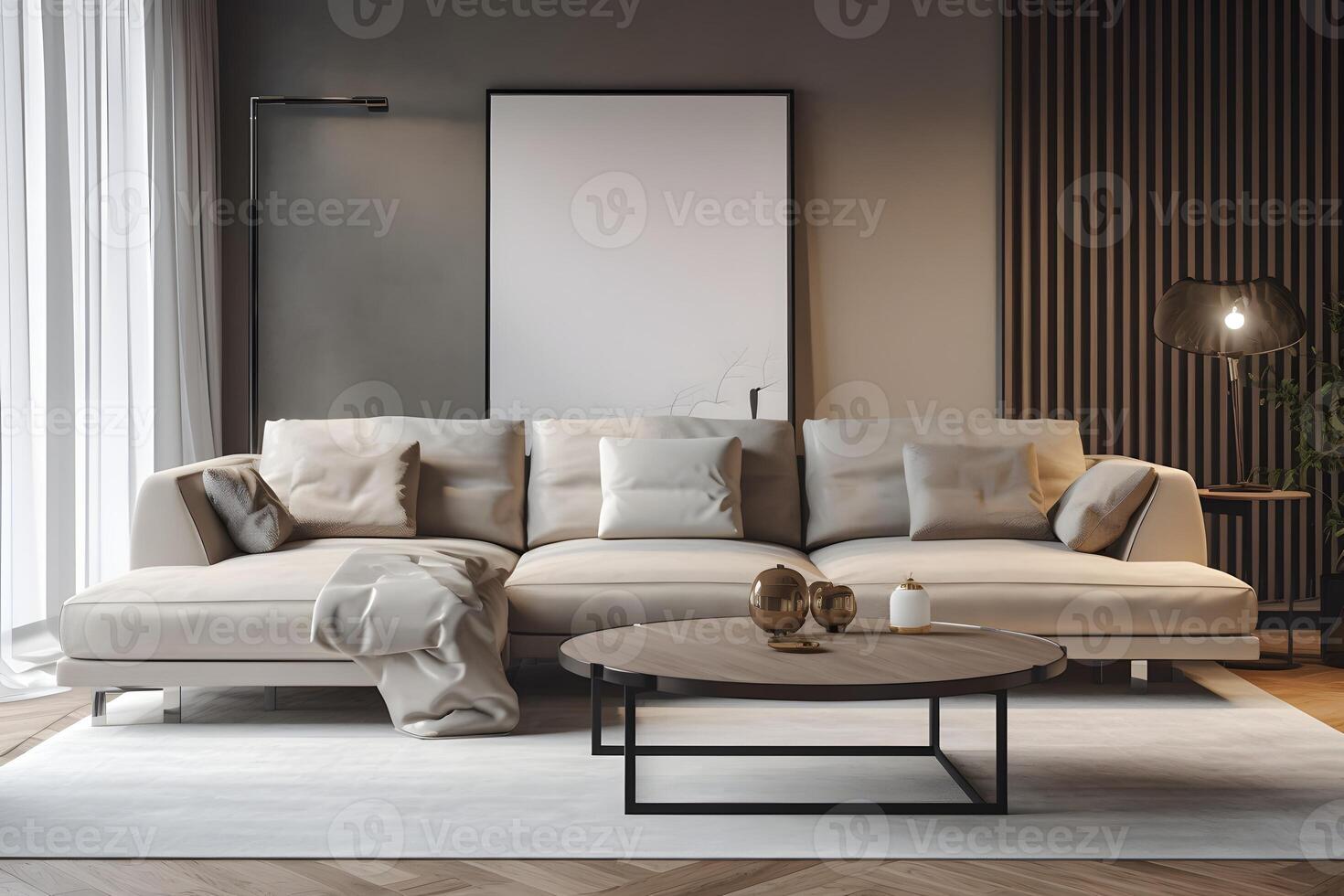 Scandinavian living room interior in light colors with a gray sofa, pillows, coffee table, mock up poster. House apartment design in a minimalist style photo