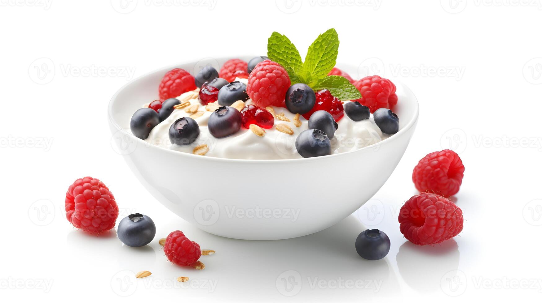 Oatmeal porridge with yogurt and berries isolated on white background photo