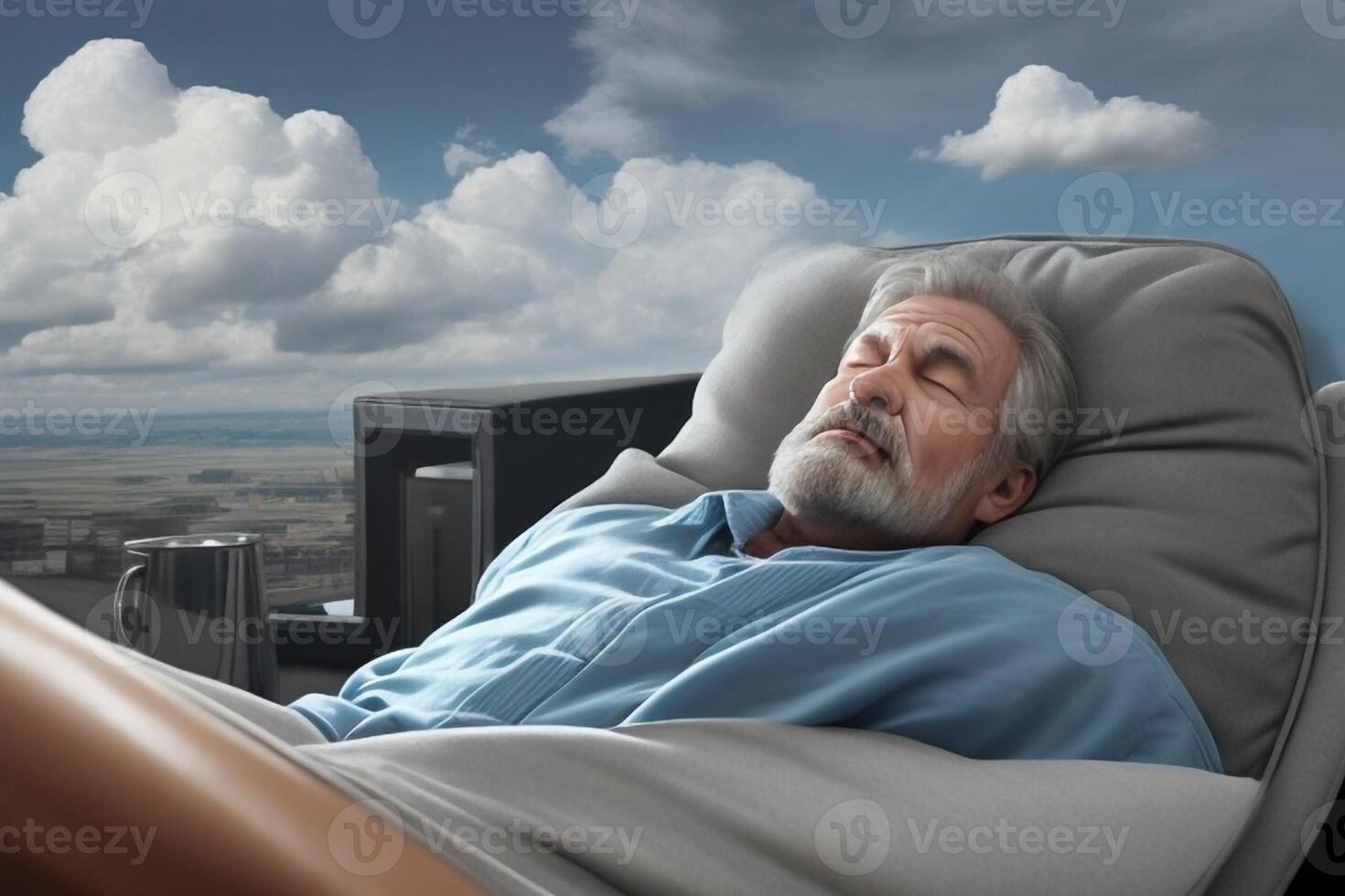 hombre 60 60 más dormido en su sillón reclinable y soñando en el nubes foto