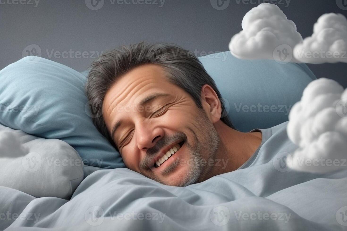 contento hombre sonriente mientras dormido y soñando en cama foto