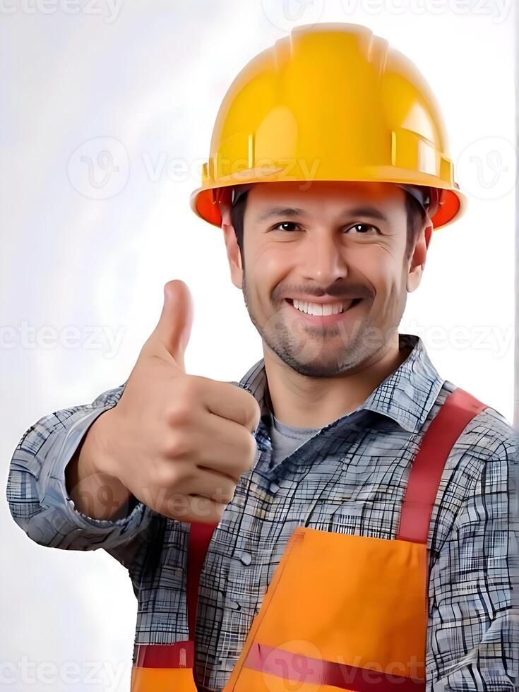 a man in an orange hard hat and safety vest giving the thumbs up photo