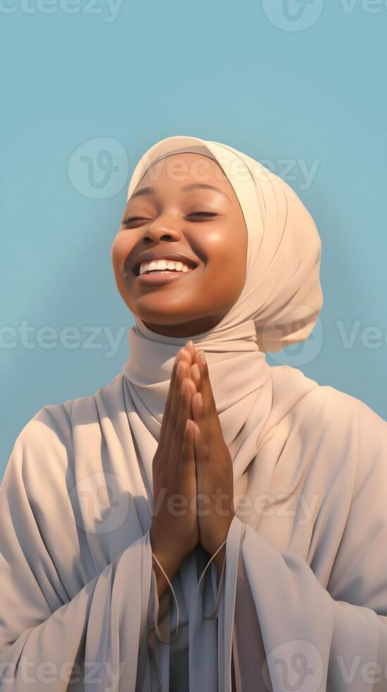 AI generated African woman wearing scarf is praying and smiling on blue background photo