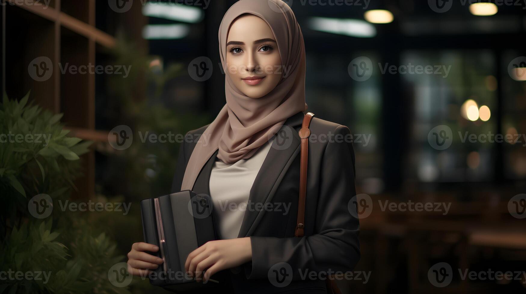 ai generado hermosa musulmán mujer en hijab participación libro exterior. negocio concepto foto