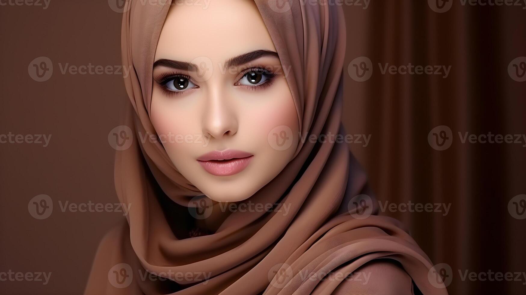 ai generado de cerca retrato de atractivo europeo mujer vistiendo bufanda en marrón antecedentes. negocio concepto foto