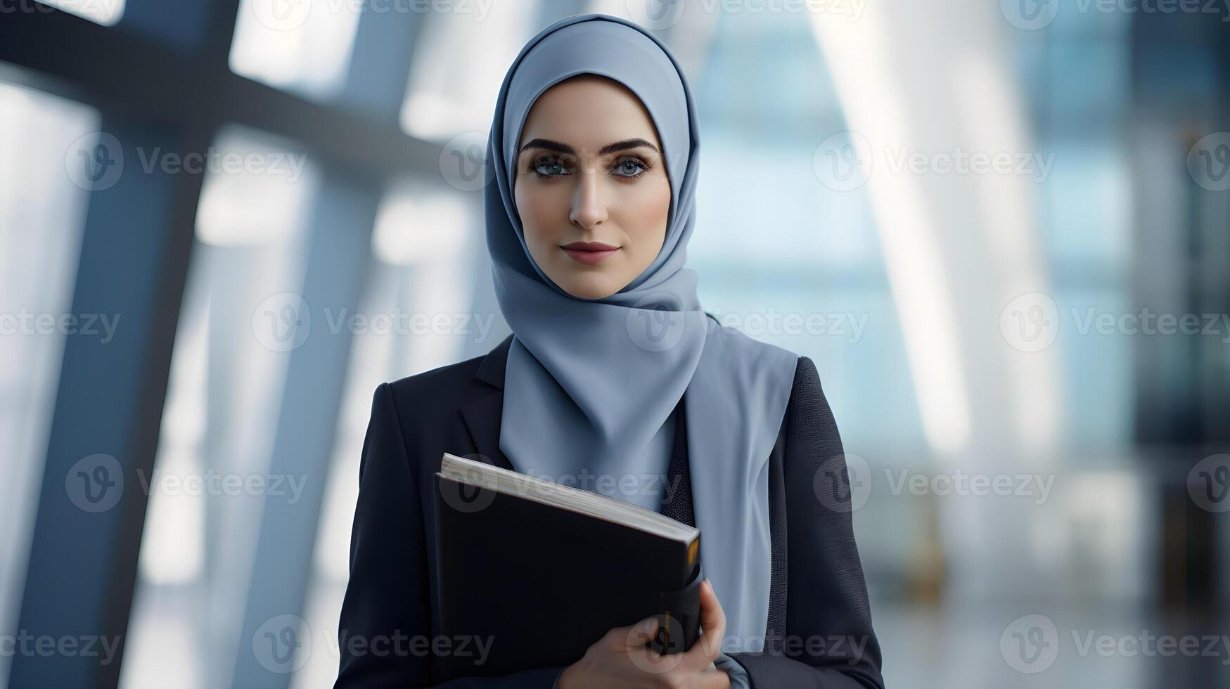 ai generado hermosa musulmán mujer en hijab participación libro exterior. negocio concepto foto