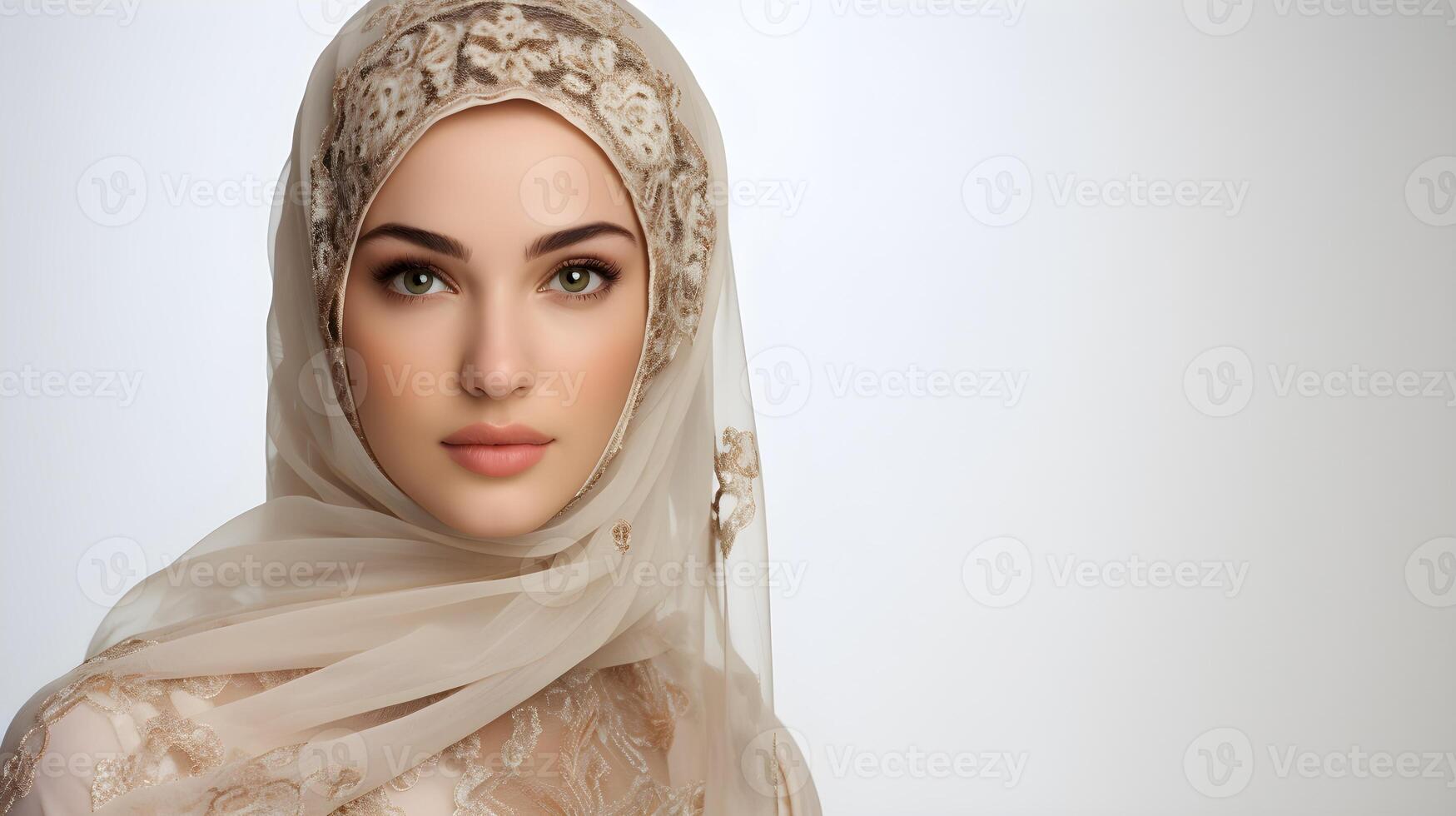 ai generado retrato de hermosa joven musulmán mujer en hiyab religioso, Moda concepto foto