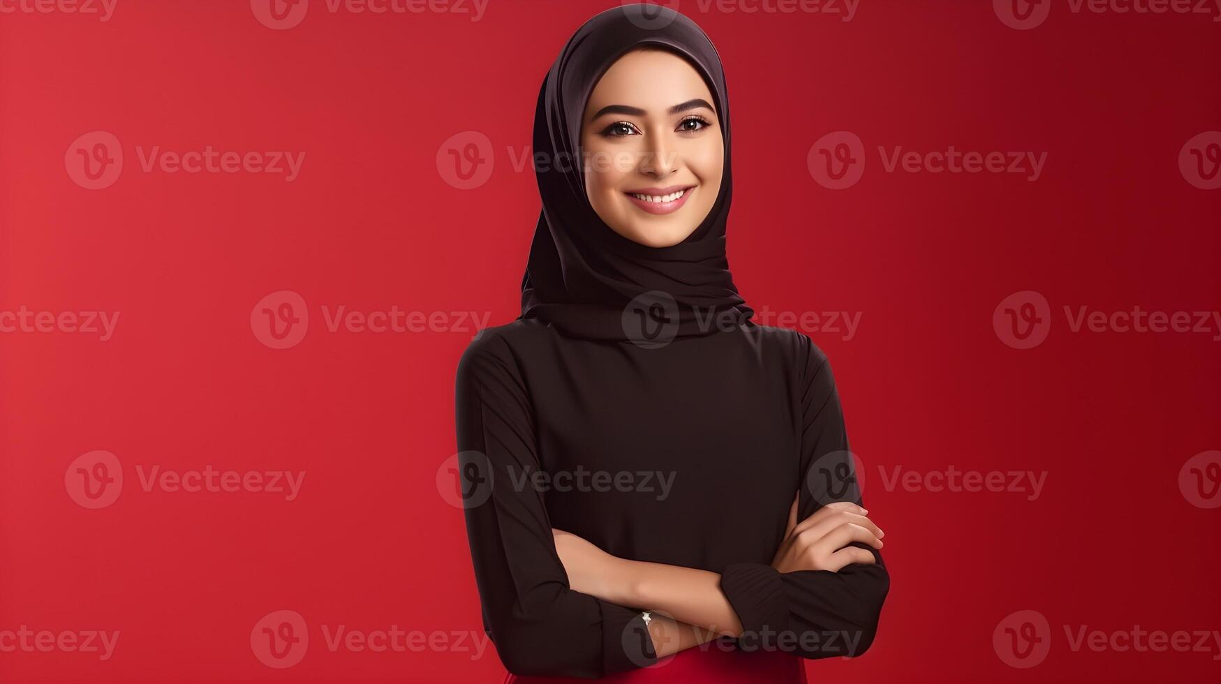 AI generated Close-up portrait of attractive arabic woman wearing scarf and crossing hand on red background. Business concept photo