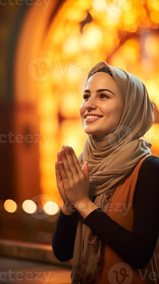 ai generado bonito musulmán mujer vistiendo bufanda Orando y sonriente en bokeh antecedentes. religioso, paz y felicidad concepto foto