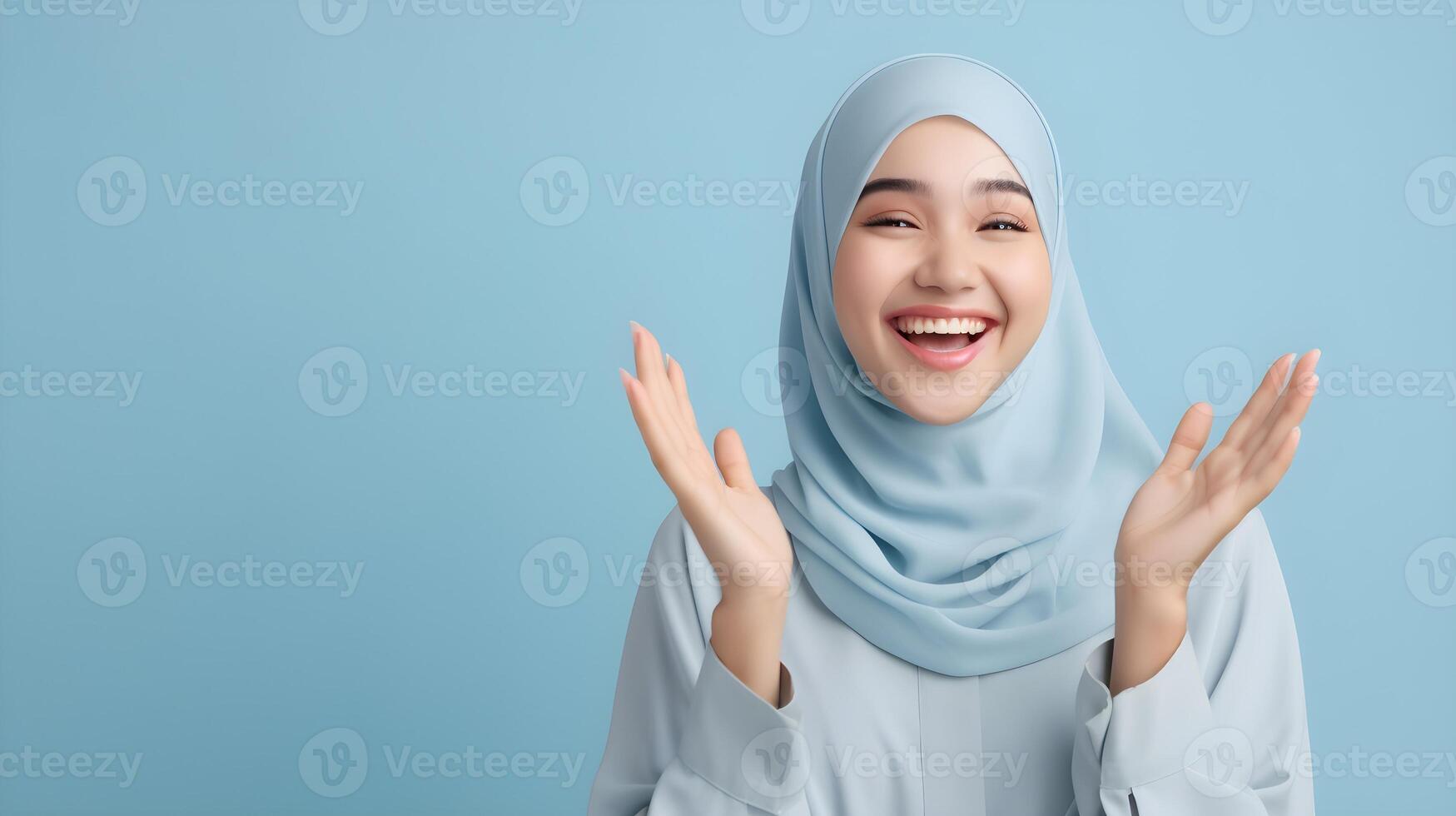 AI generated Close-up portrait of attractive south east asia woman wearing scarf on blue background. Business concept photo