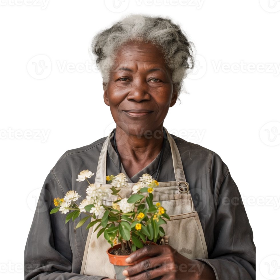 Senior mulher jardineiro sorridente enquanto segurando em vaso flores png