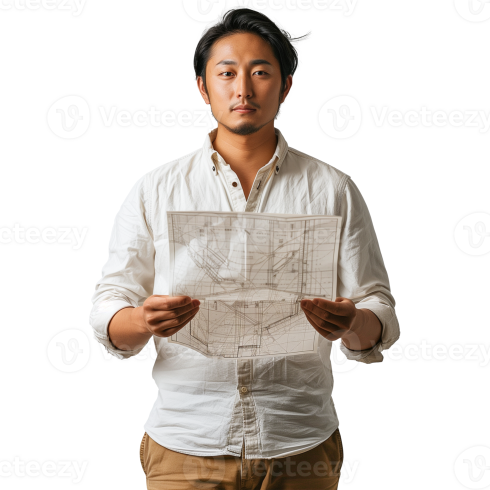 Young Asian architect holding blueprints on transparent background png