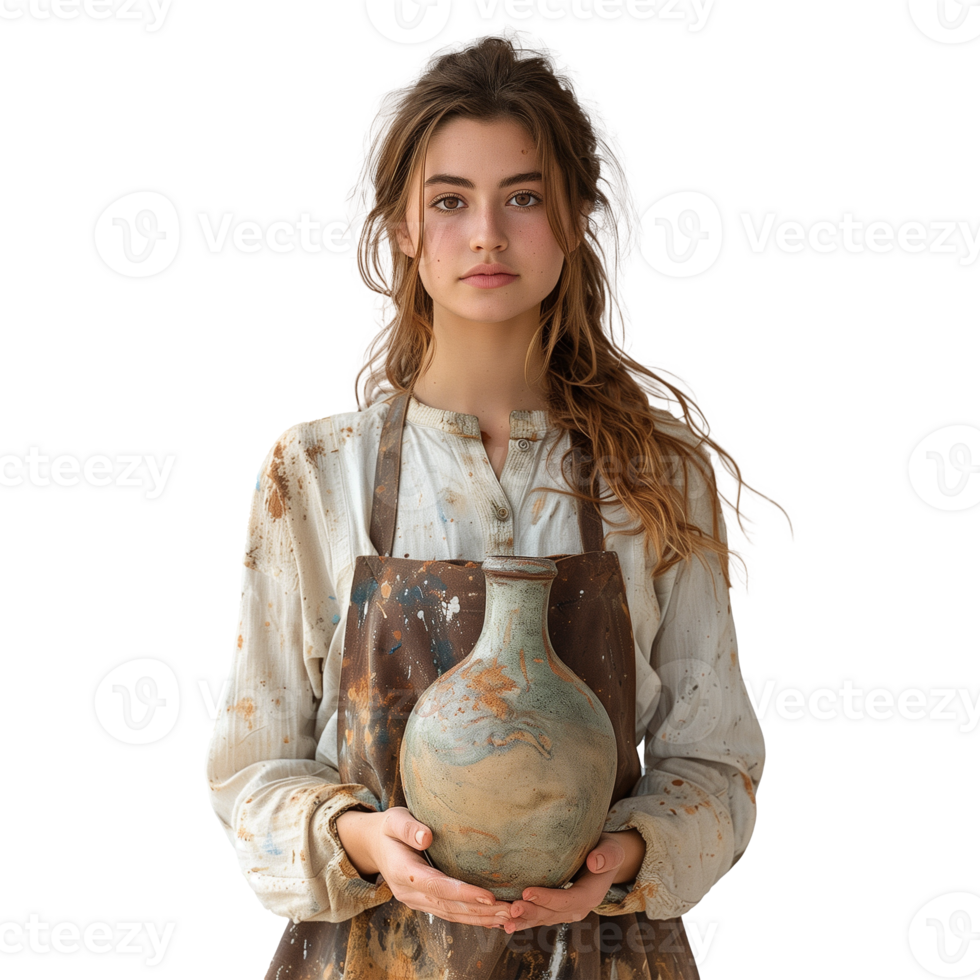 giovane femmina artista Tenere un' fatto a mano ceramica vaso png