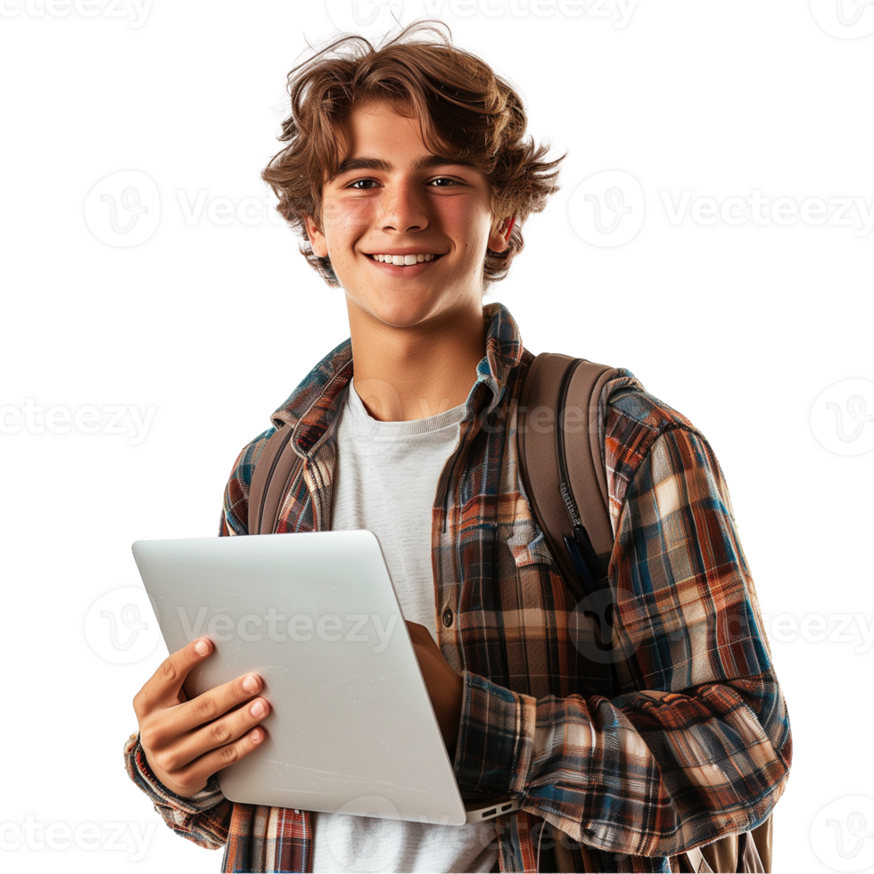 Happy teenage boy with tablet and backpack on transparent background png