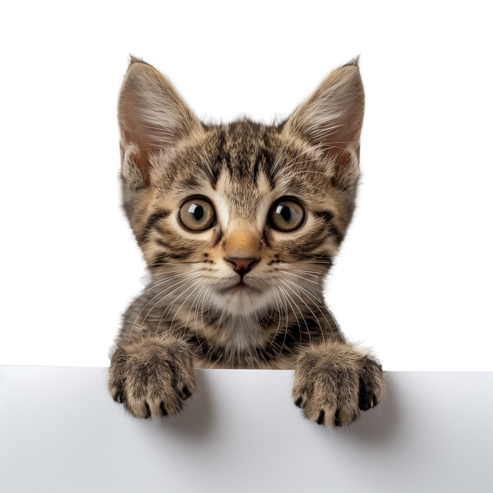 Adorable tabby kitten peeking over white edge png