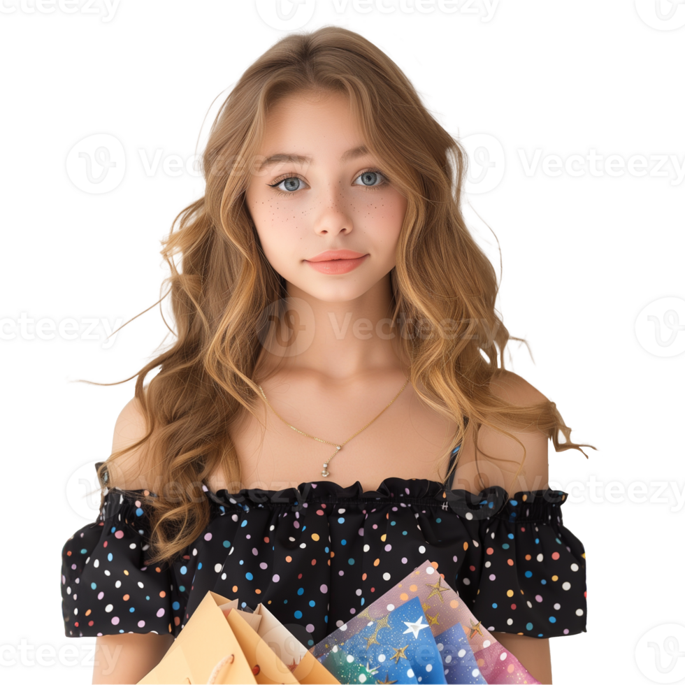 Young woman with blue eyes and curly hair holding envelopes png