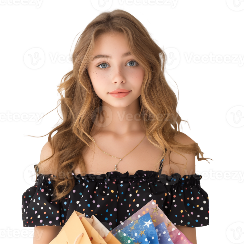 jung Frau mit Blau Augen und lockig Haar halten Umschläge png