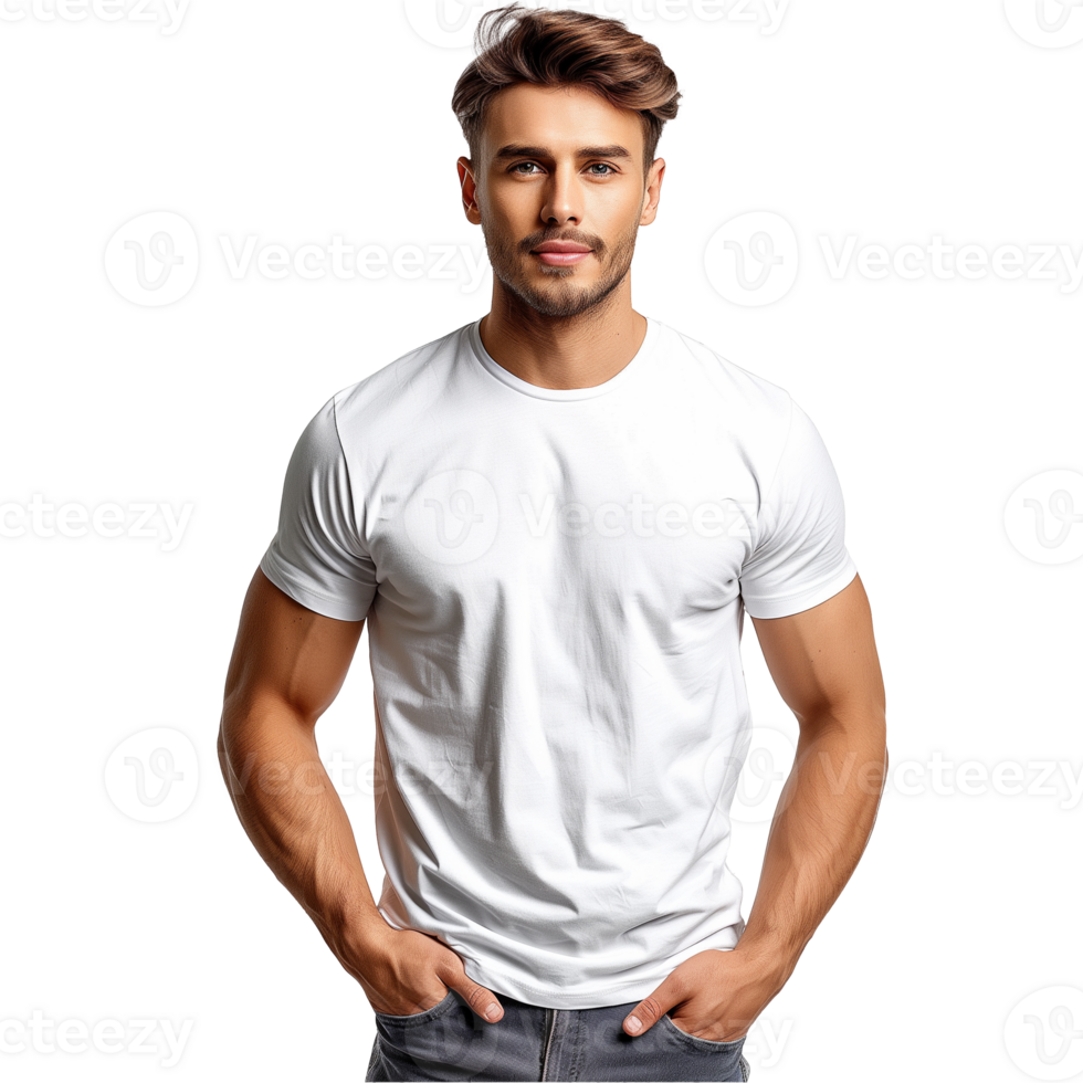 Handsome young man posing in plain white T-shirt png