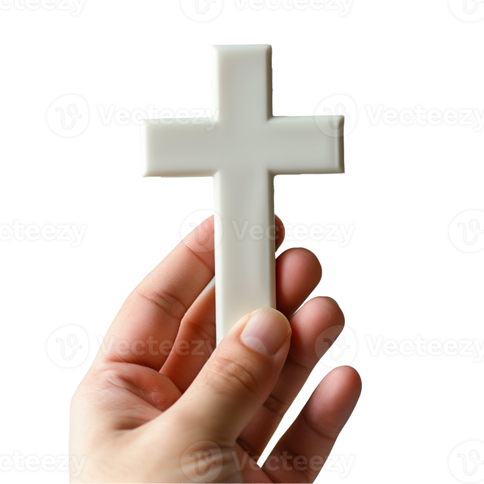 Hand holding a white cross on a transparent background png