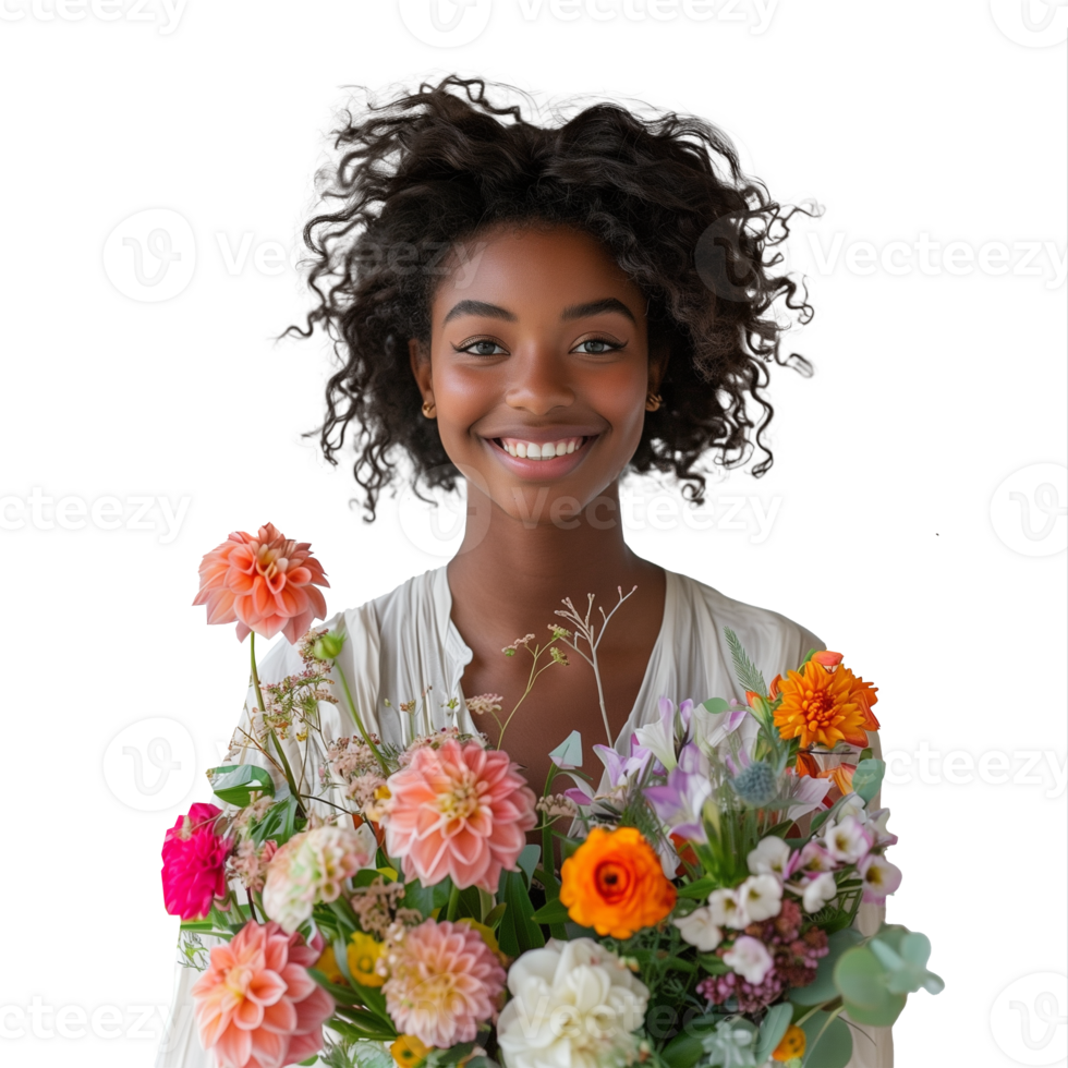 Joyful young woman holding a colorful bouquet of flowers png