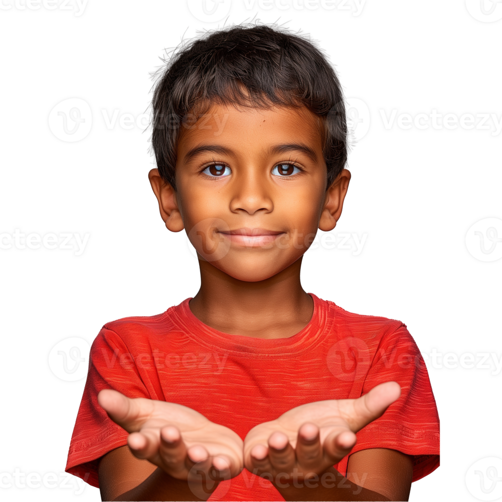 Smiling young boy in red shirt presenting with open hands png