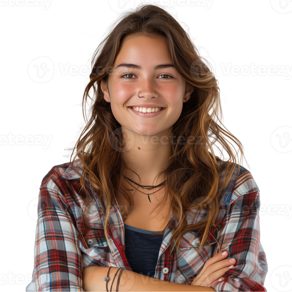 Young woman smiling with arms crossed on transparent background png