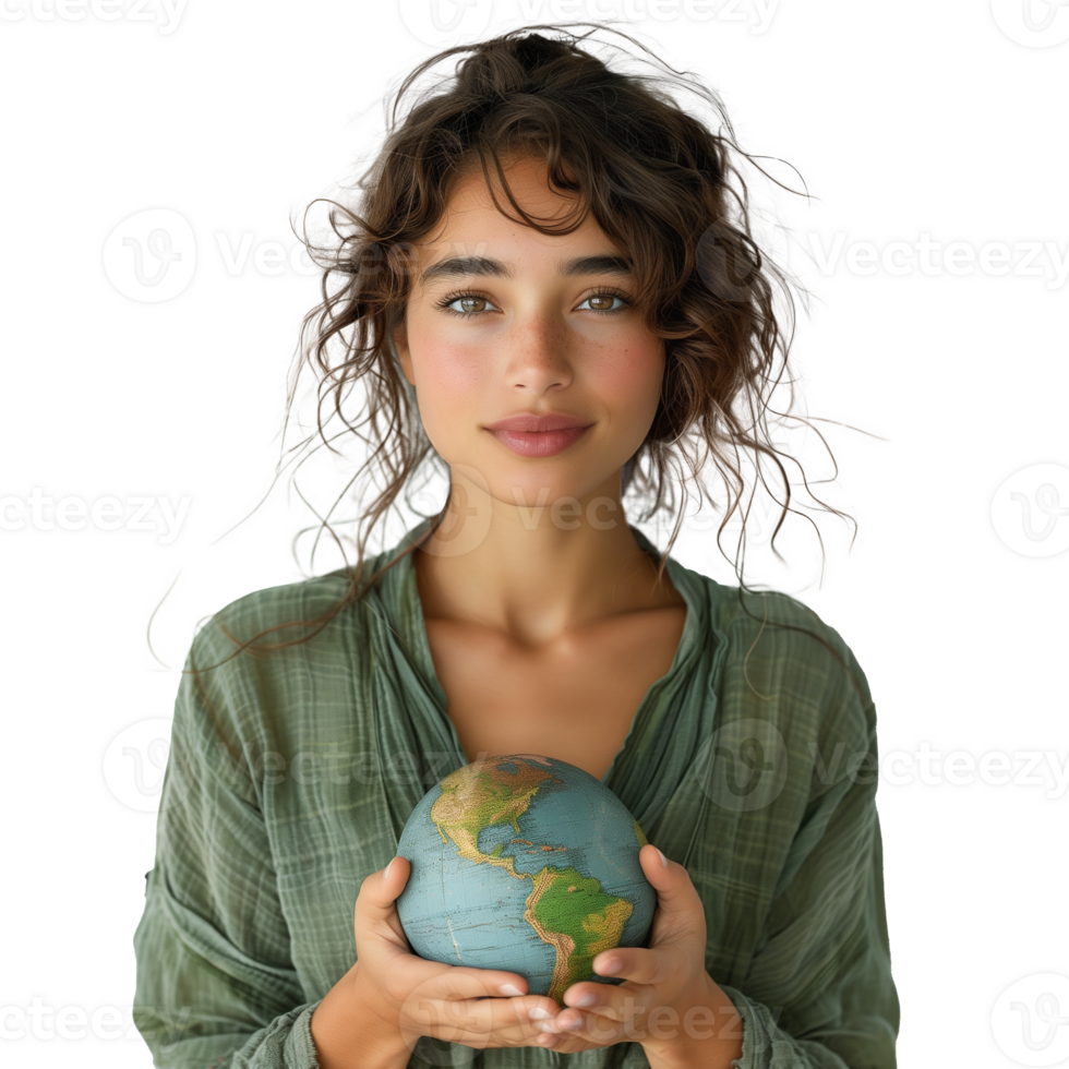 Young woman holding a globe with a gentle smile png