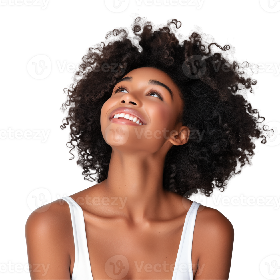 Joyful young woman with curly hair on transparent background png