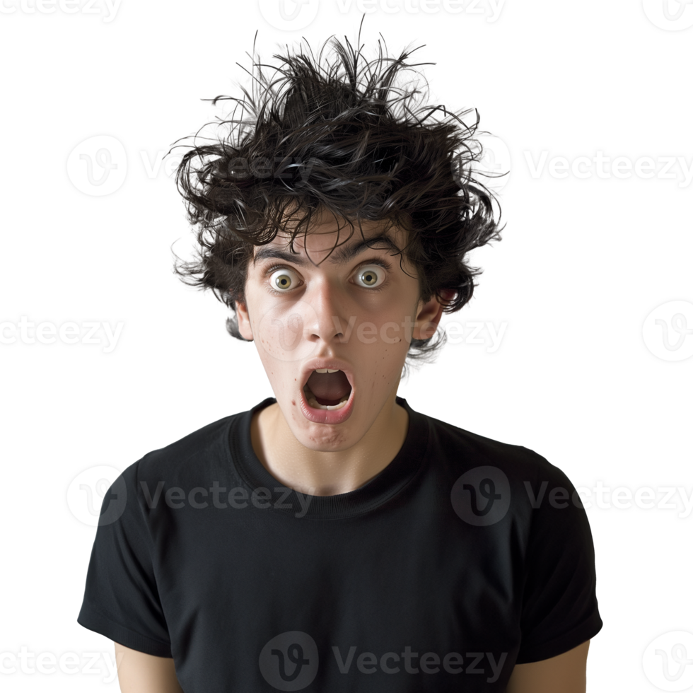 Shocked young man with messy hair and open mouth png