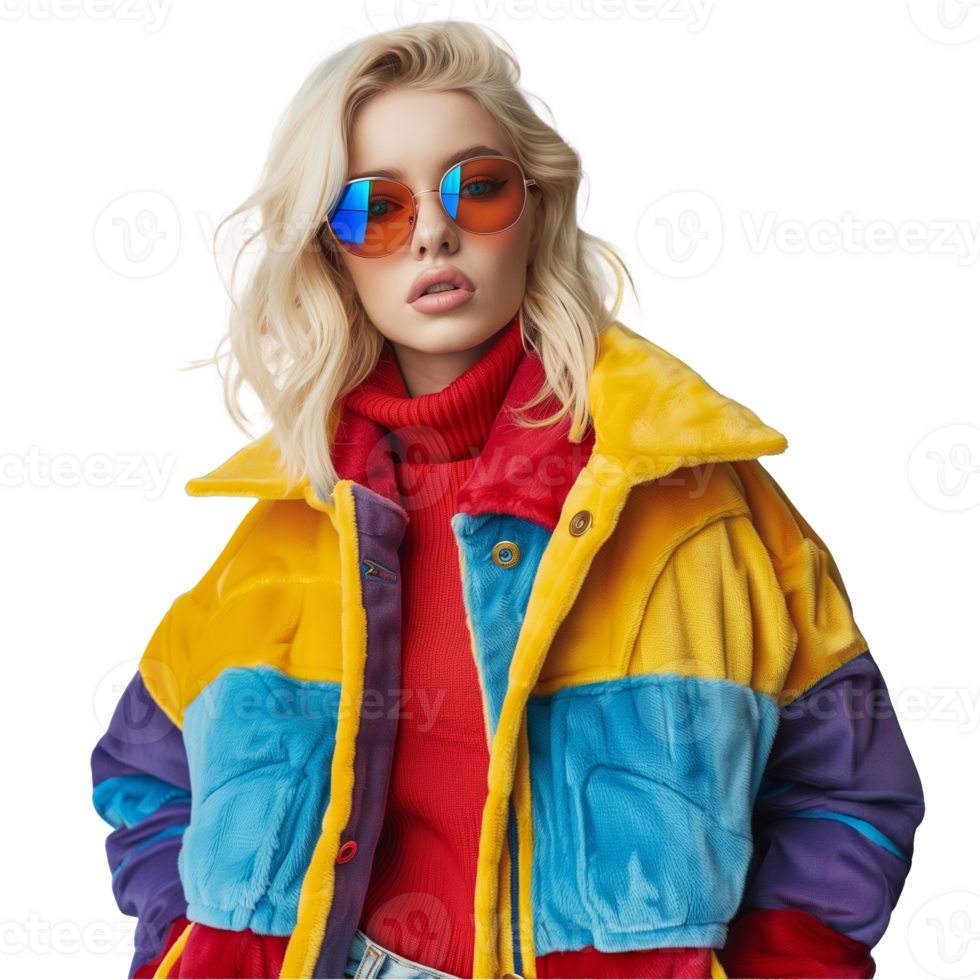 stilvoll jung Frau im bunt Winter Jacke und Sonnenbrille png