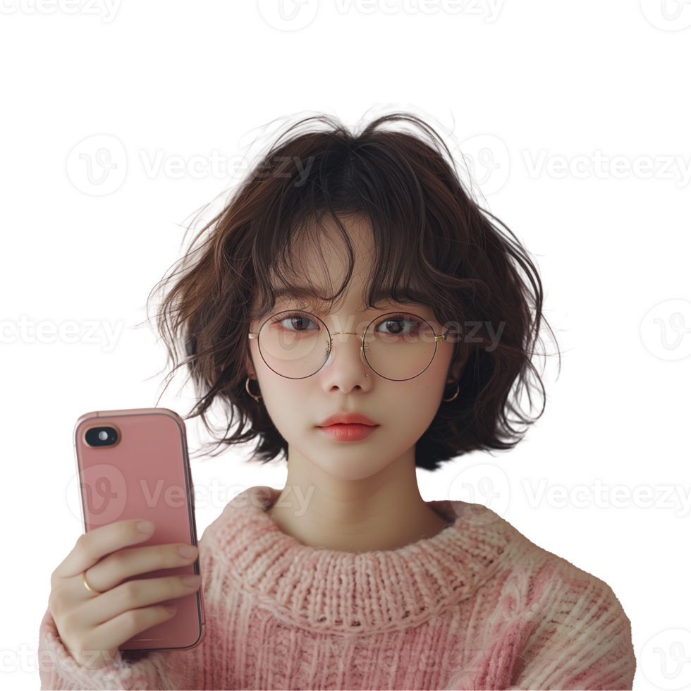 Young woman with round glasses holding a pink phone png