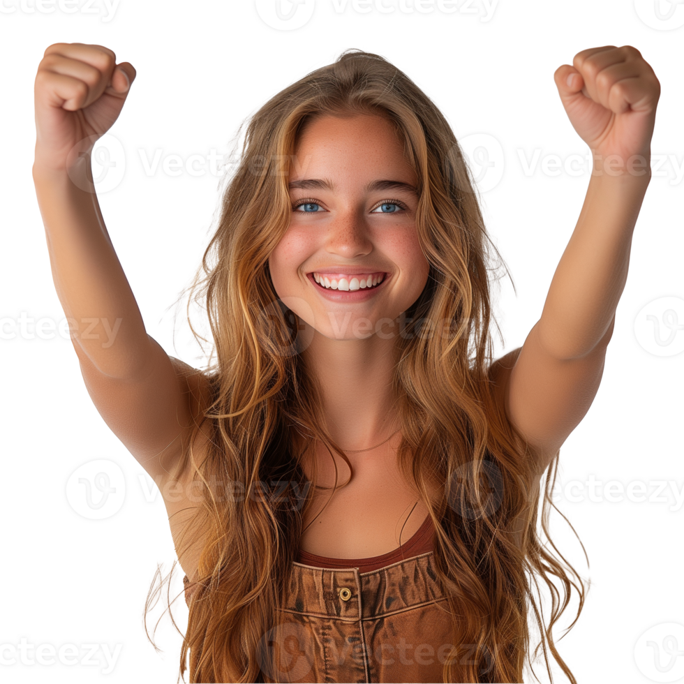 Happy young woman celebrating success on transparent background png