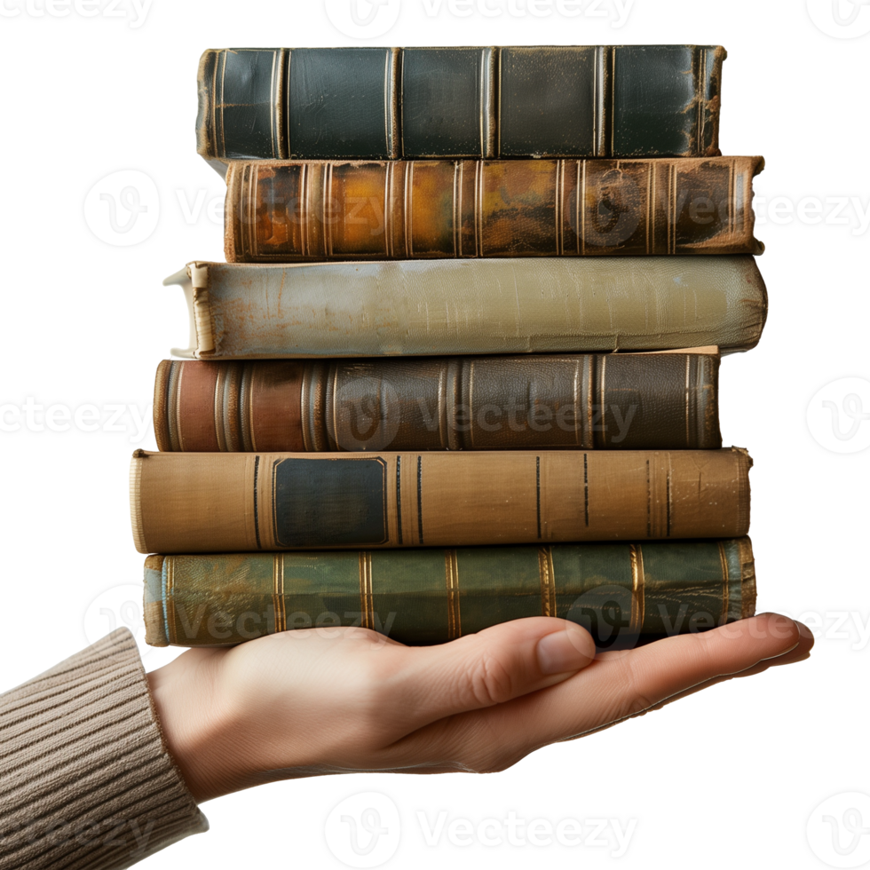 Hand holding a stack of old, vintage books on transparent png