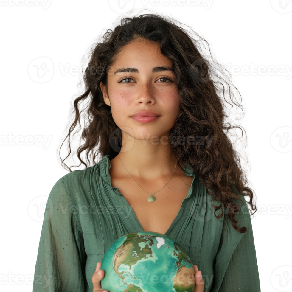 Young woman holding a globe with a hopeful expression png