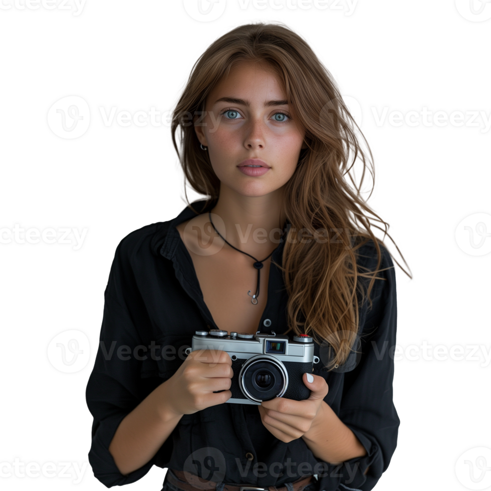 Jeune femelle photographe en portant une ancien caméra png